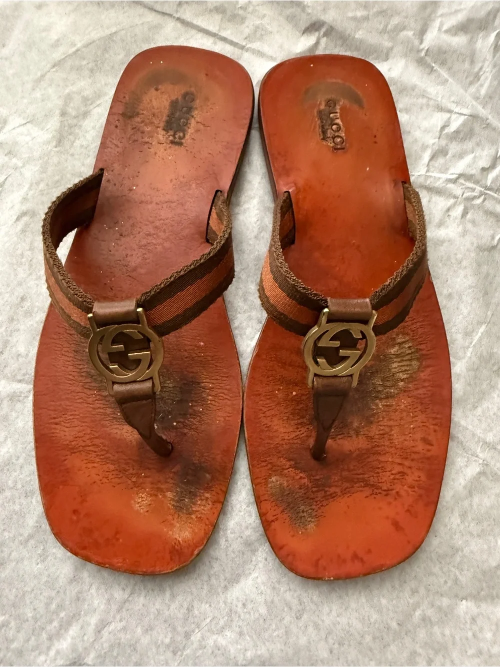 Vintage Gucci GG Web Leather Thong Sandals Flip Flops Brown Y2K era Size 38